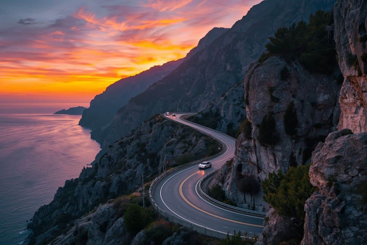 Strada sulla costa al tramonto